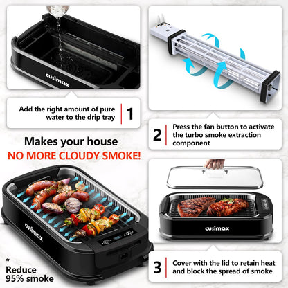 Indoor Grill,  Smokeless Grill Indoor, 1500W Electric Grill Griddle Korean BBQ Grill with LED Smart Display & Tempered Glass Lid, Non-Stick Removable Grill Plate & Griddle Plate, Black