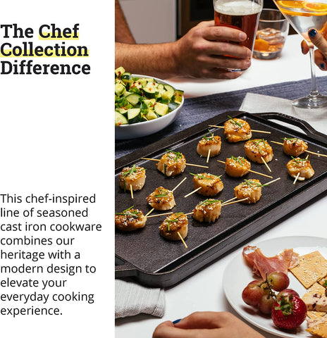 Image of Chef Collection Cast Iron Reversible Grill/Griddle - Cast Iron Flat Griddle & Grill for Stovetop, Oven, Grill, or Open Fire - Double Burner Cast Iron Skillet with Handles