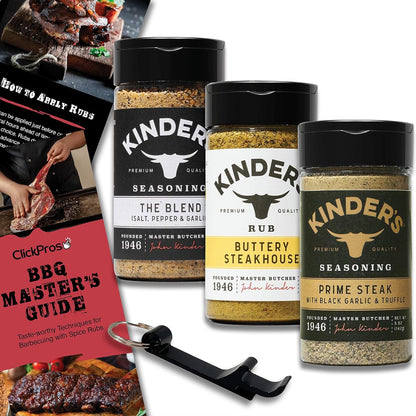 Kinders BBQ Rub Seasoning 3 PK Bundle (16.7 Oz) Prime Steak with Black Garlic & Truffle, Kinder'S Buttery Steakhouse, Kinder'S the Blend Seasoning with Salt, Pepper & Garlic + Guide & Opener 5 Items!