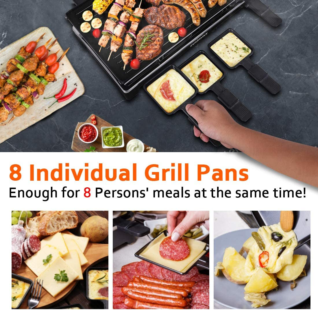 Raclette Grill Electric Grill Table Portable 2 in 1 Korean BBQ Grill Indoor & Cheese Raclette, Reversible Non-Stick Plate, Crepe Maker with Adjustable Temperature Control and 8 Paddles