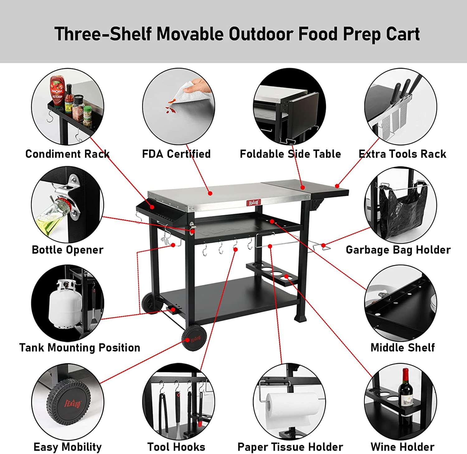 3-Shelf Movable Food Prep Table, Pizza Oven Table, BBQ Grilling Table,Grill Cart with Side Table, Home & Outdoor Stainless Steel Table Top Grill Tables on 2 Wheels, L50 Xw21.7 Xh33