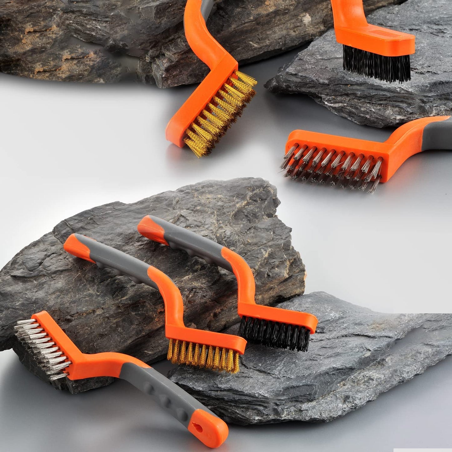 Wire Brush 3 Pcs Brass/Stainless Steel/Nylon Wire Brushes for Cleaning Rust Bristle Brush Set with Rubber Curved Handle Grip Used for Dirt, Paint Remover (Orange+ Gray)