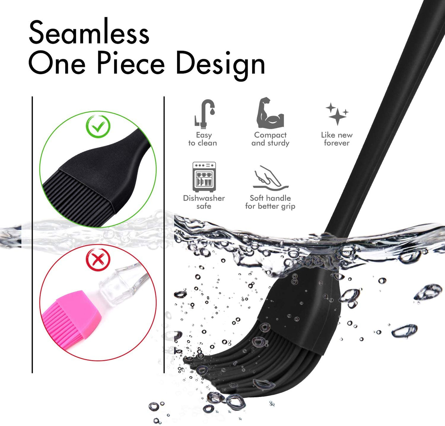 HOTEC Basting Brushes Silicone Heat Resistant Pastry Brushes Spread Oil Butter Sauce Marinades for BBQ Grill Barbecue Baking Kitchen Cooking BPA Free Dishwasher Safe (Black 2)