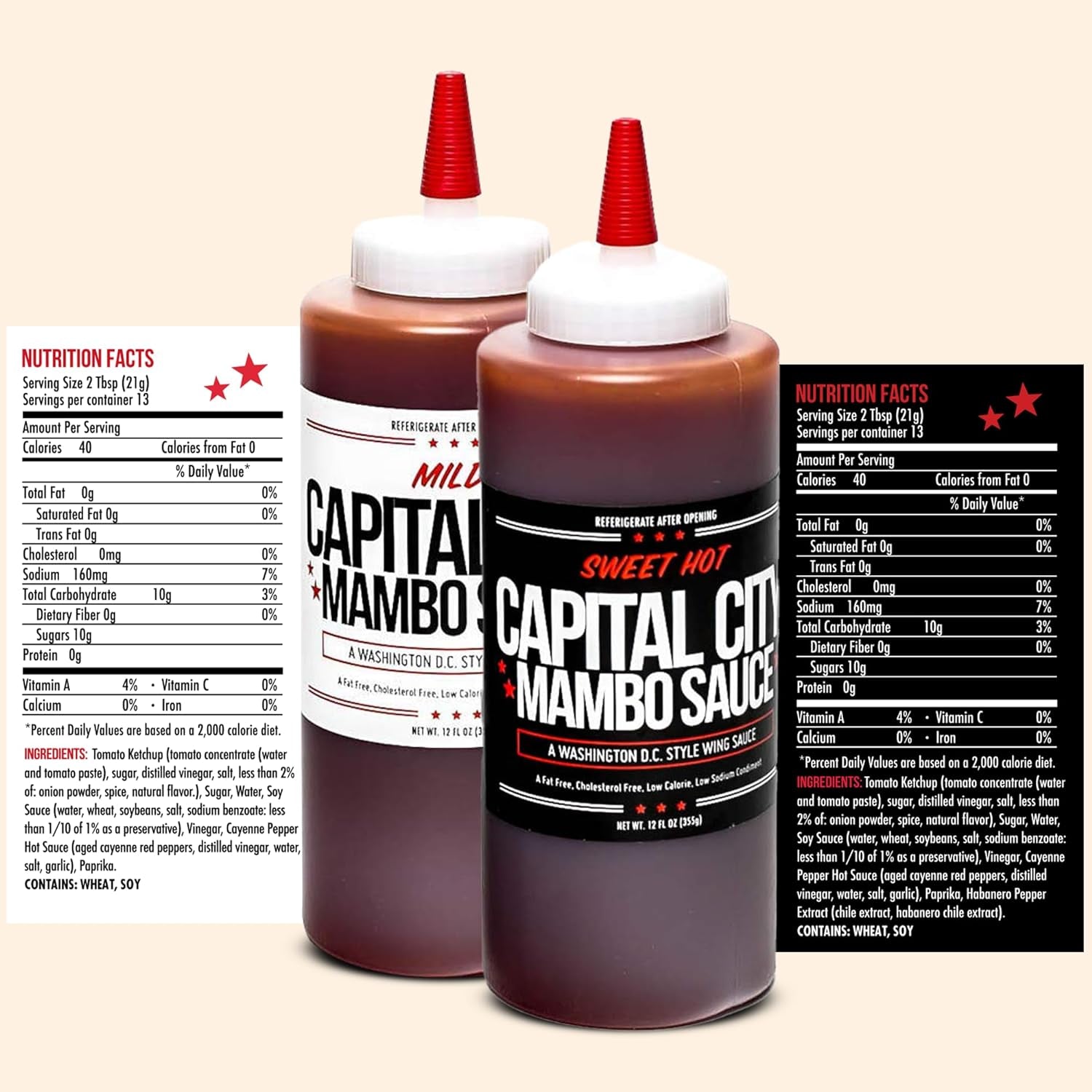 Capital City Mambo Sauce - Variety 2 Pack - Sweet Hot & Mild | Washington DC Wing Sauces | Perfect Condiment Topping for Wings, Chicken, Pork, Beef, Seafood, Burgers, Rice or Noodles | 12 Fl Oz Bottles (2 Pack)