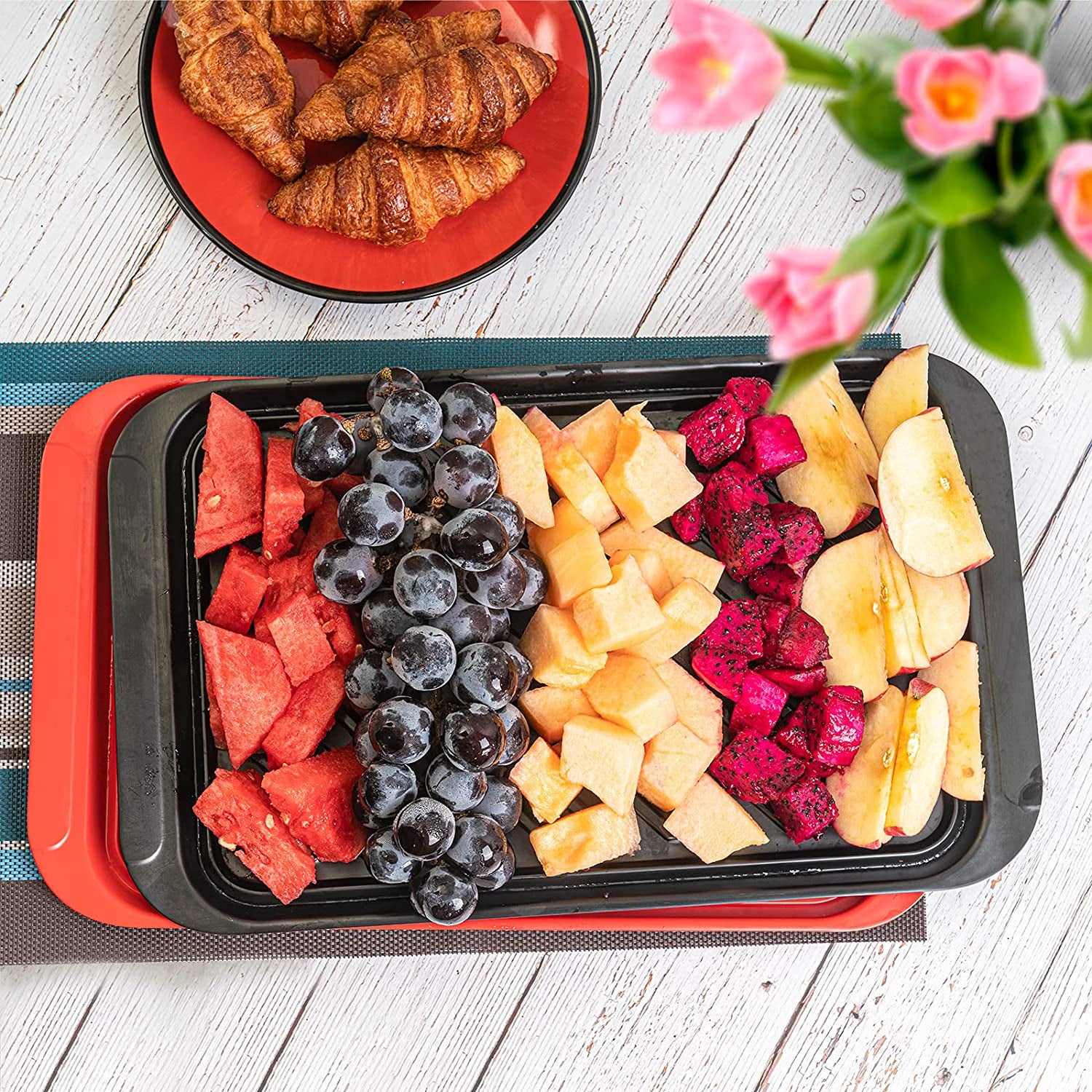 Serving Trays with Handles, Melamine Grill Prep and Serving Platters for Outdoor, Parties and BBQ, Set of 2, Black and Red