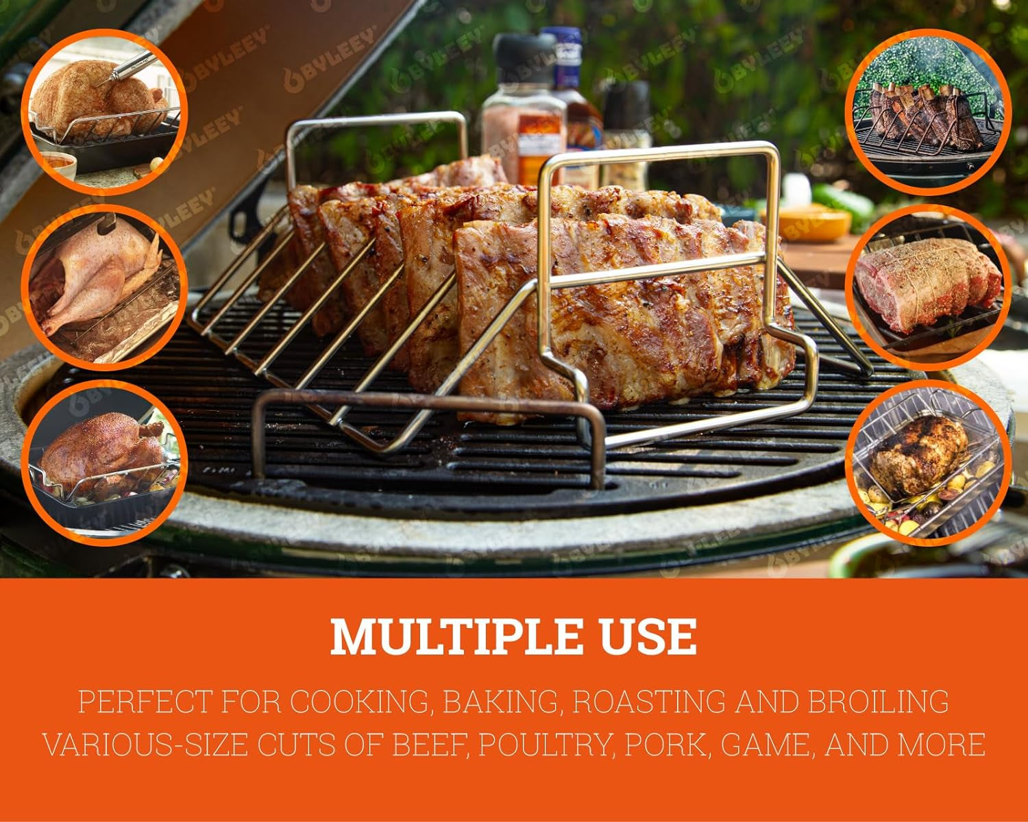 Rib and Roaster Rack Accessories for Big Green Egg, Stainless Turkey Roasting Rack for Grilling and Smoking - Perfect for Roast Chicken, Leg of Lamb, Forerib of Beef, Fits 18In or Larger Kamado Grills