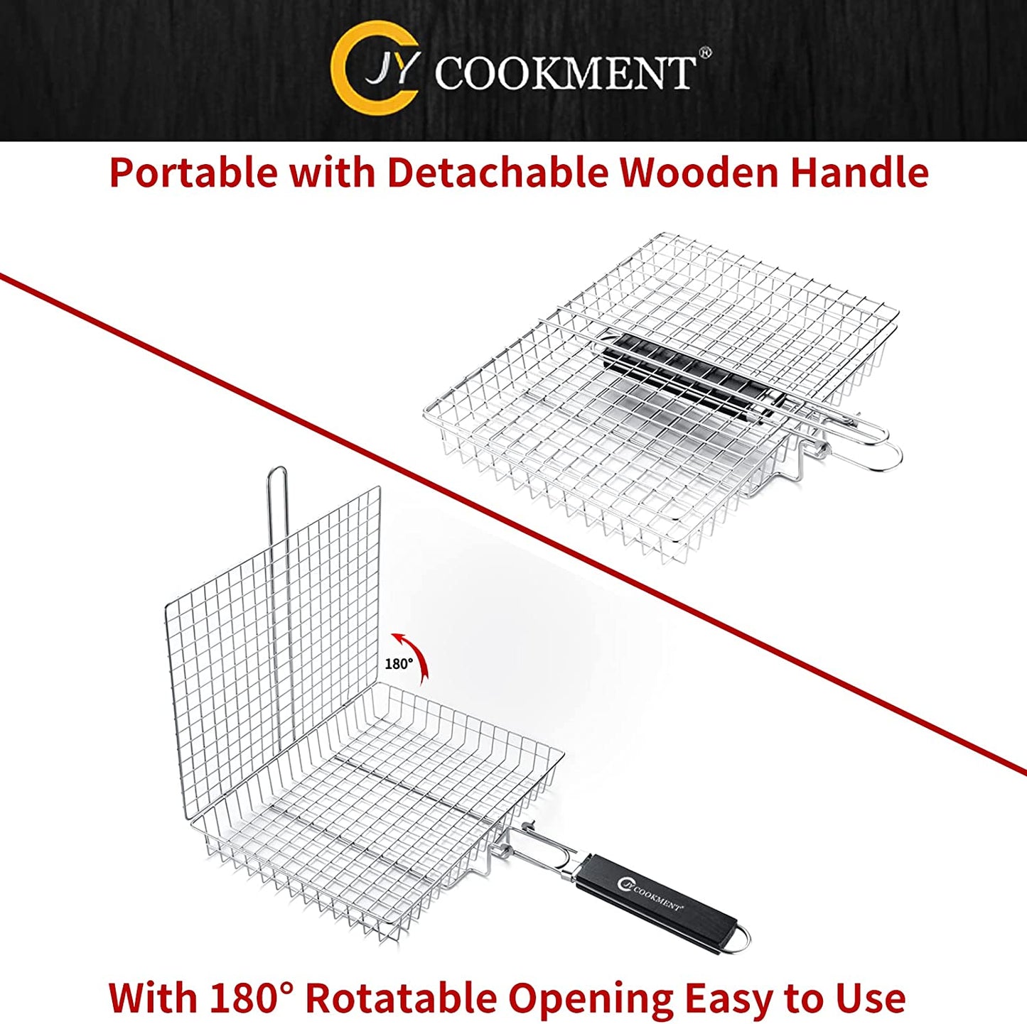 JY COOKMENT Grill Basket Stainless Steel with Portable Removable Handle, Grilling Basket-Bbq Accessories for Vegetable, Shrimp, Fish, Steak and Outdoor Use-Dishwasher Safe