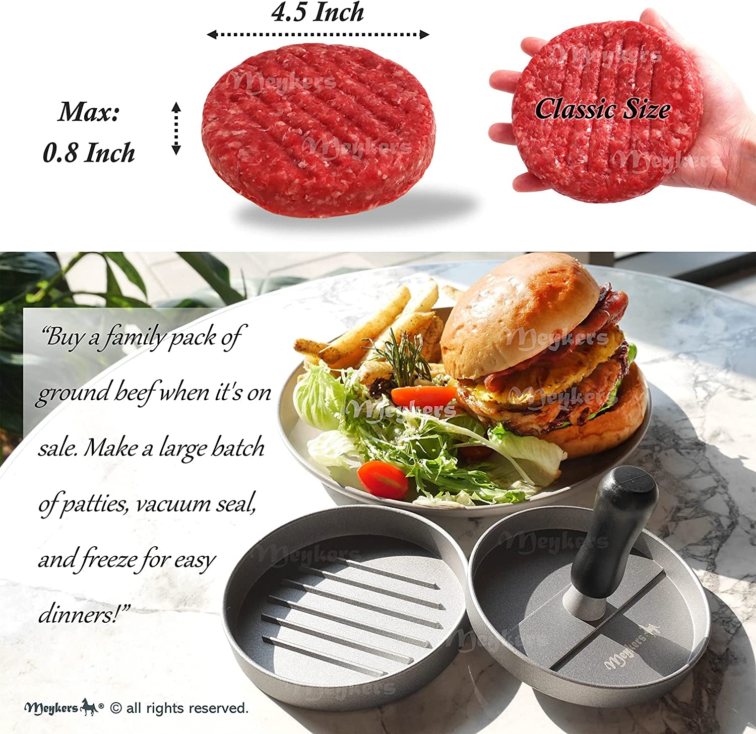 Meykers Burger Press 100 Patty Papers Set | Non-Stick Hamburger Mold with Free Wax Patty Paper Sheets | Meat Beef Cheese Veggie Burger Maker for Grill Griddle BBQ Barbecue | BPA Free
