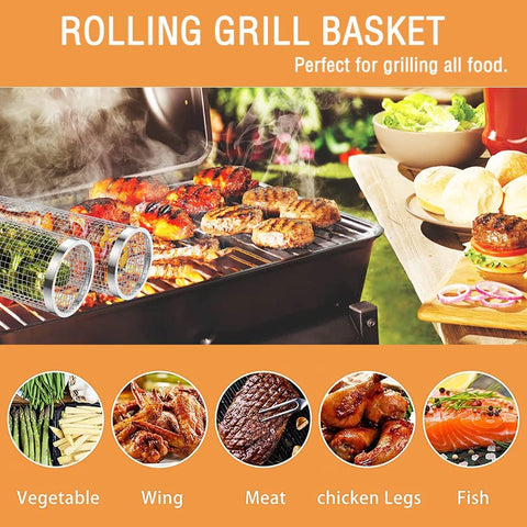 Image of Cooking Coll Rolling Grilling Basket,Round Stainless Steel BBQ Grill Mesh,Grill Baskets for Outdoor Grill,Barbecue Net Tube Grate Fish,Vegetable,Fries - Camping Picnic Cookware(Mid,7.87 X 3.54 Inch)