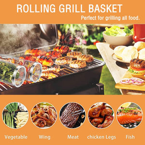 Cooking Coll Rolling Grilling Basket,Round Stainless Steel BBQ Grill Mesh,Grill Baskets for Outdoor Grill,Barbecue Net Tube Grate Fish,Vegetable,Fries - Camping Picnic Cookware(Mid,7.87 X 3.54 Inch)