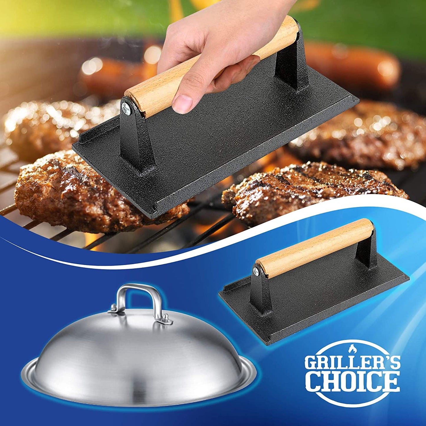 Grillers Choice Griddle Accessories, Flat Top Grill Accessories.Commercial Quality Cast Iron Grill Press and Melting Dome. Griddle Grill Dome for Cooking and Griddle Cheese Press.