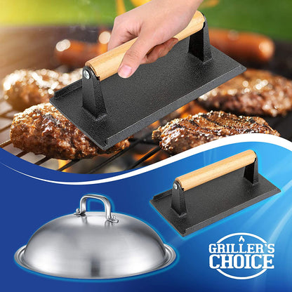 Grillers Choice Griddle Accessories, Flat Top Grill Accessories.Commercial Quality Cast Iron Grill Press and Melting Dome. Griddle Grill Dome for Cooking and Griddle Cheese Press.