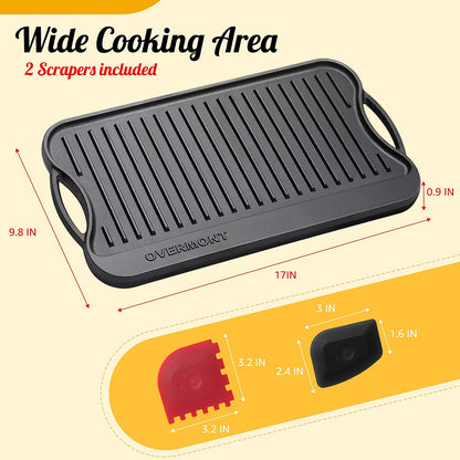 Pre-Seasoned 17X9.8" Cast Iron Reversible Griddle Grill Pan with Handles for Gas Stovetop Open Fire Oven, One Tray, Scrapers Included