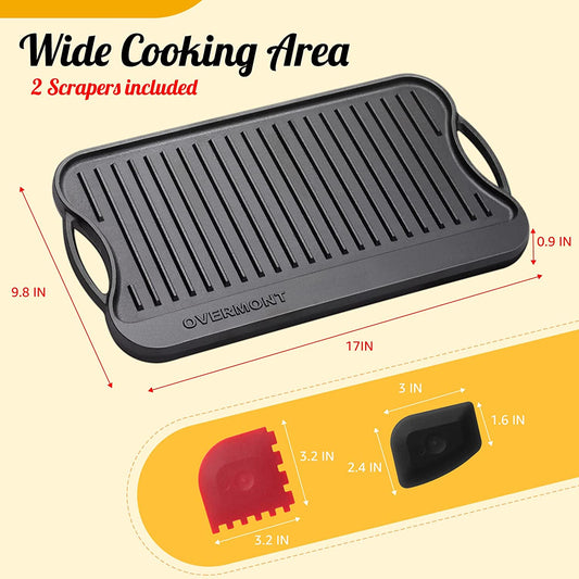 Pre-Seasoned 17X9.8" Cast Iron Reversible Griddle Grill Pan with Handles for Gas Stovetop Open Fire Oven, One Tray, Scrapers Included