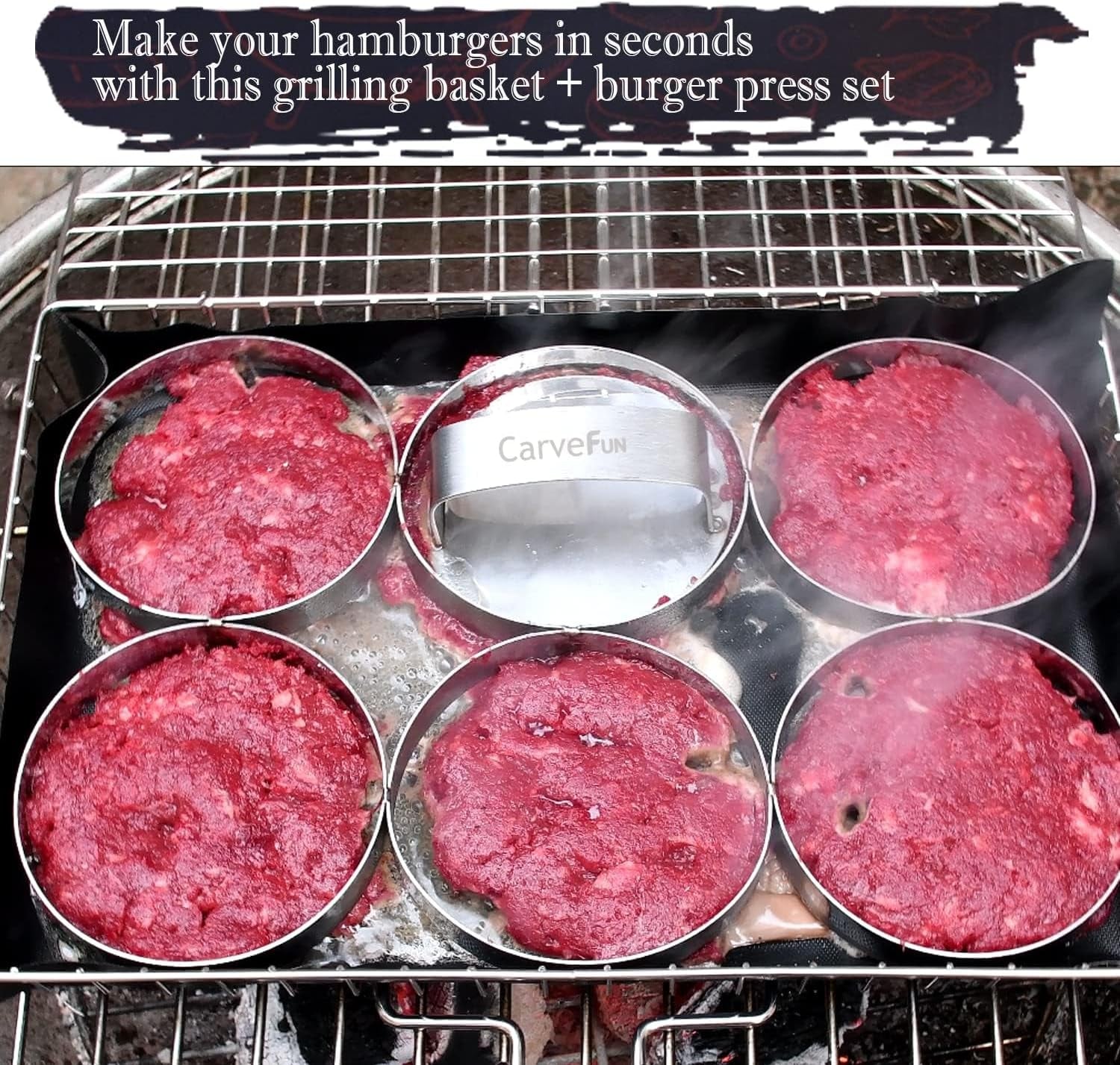 Grill Basket Stainless Steel BBQ Grilling Basket with Burger Press Set.Grill Basket for Fish,Vegetables BBQ Camping Accessories Outdoor Grilling Gifts for Men Dad Folding Grill Basket with Removable Handle