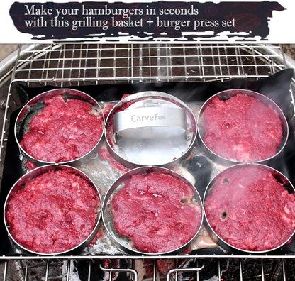 Grill Basket Stainless Steel BBQ Grilling Basket with Burger Press Set.Grill Basket for Fish,Vegetables BBQ Camping Accessories Outdoor Grilling Gifts for Men Dad Folding Grill Basket with Removable Handle