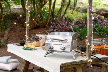 Megamaster Premium Outdoor Cooking 2-Burner Grill, While Camping, Outdoor Kitchen, Patio Garden, Barbecue with Two Foldable Legs, Silver in Stainless Steel