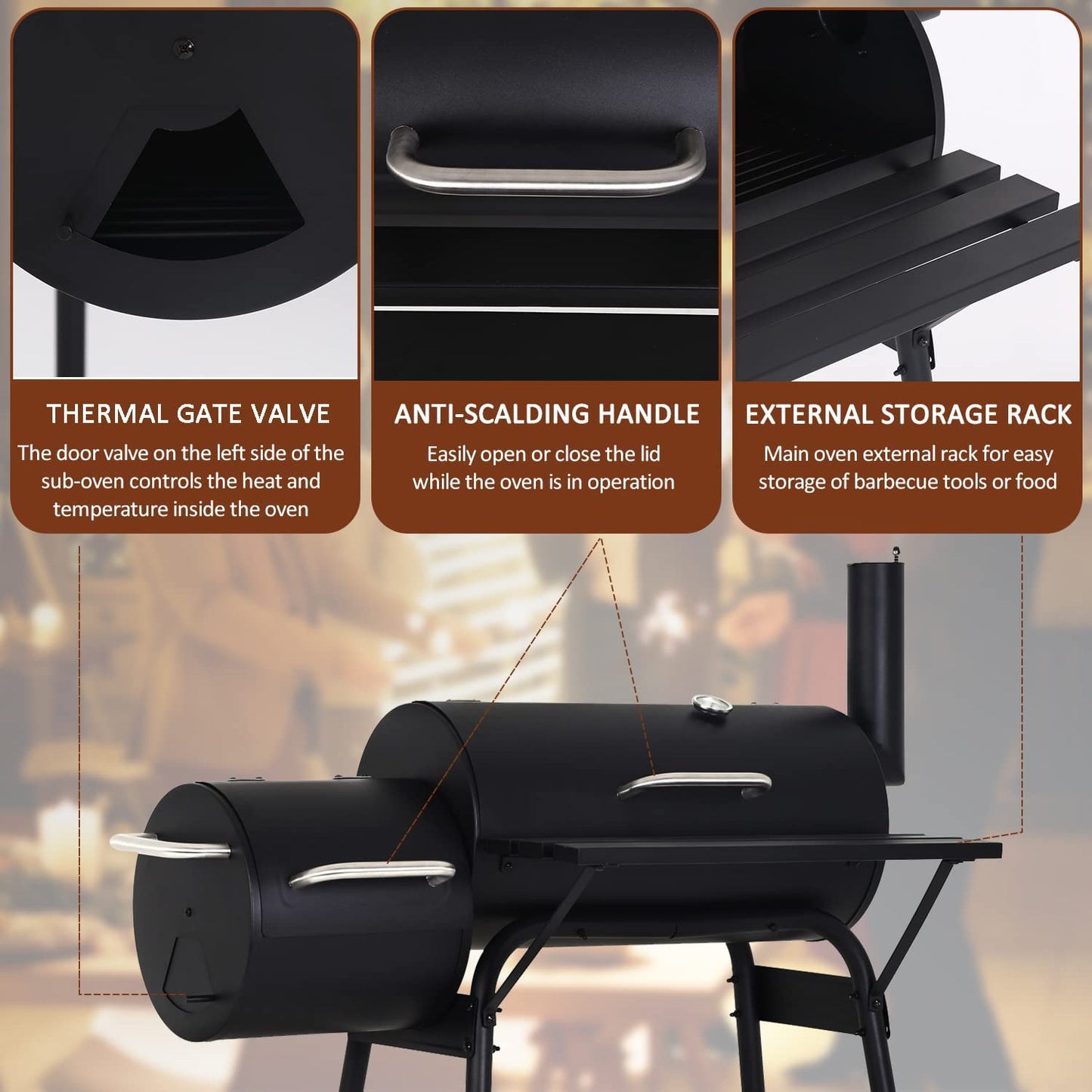 Charcoal Grills Outdoor BBQ Grill Offset Smoker with Wheels Side Fire Box Portable Barbecure Grill for Outdoor Cooking Backyard Camping Picnics,Black