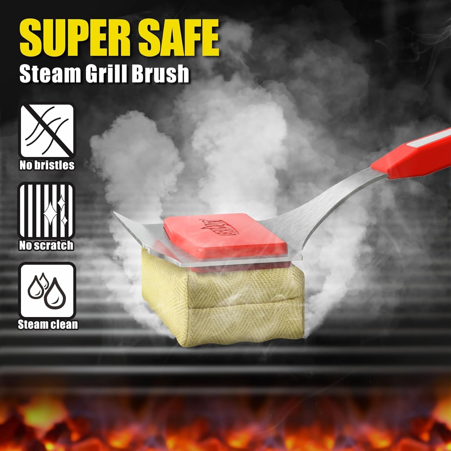 Grill Brush Bristle Free. [Rescue-Upgraded] BBQ Replaceable Cleaning Head, Unique Seamless-Fitting Scraper Tools for Cast Iron/Stainless-Steel Grates, Safe Barbecue Grill Cleaner-Red