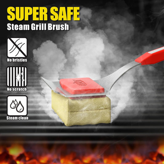 Grill Brush Bristle Free. [Rescue-Upgraded] BBQ Replaceable Cleaning Head, Unique Seamless-Fitting Scraper Tools for Cast Iron/Stainless-Steel Grates, Safe Barbecue Grill Cleaner-Red