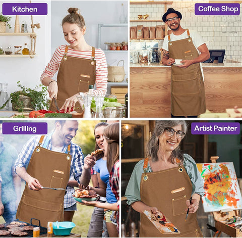 Image of Chef Apron for Men Women with Gift Box Pack, Cross Back Apron with Pockets for Kitchen Cooking Baking Artist Painting, Cotton Canvas Work Aprons for Shop, Garden, Restaurant, Cafe (Brown, M to XXL)