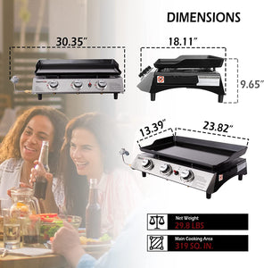 PD1302 3-Burner 26,400-BTU Portable Gas Grill Griddle, Flat Top for Outdoor Camping, Tailgating, Picnics, Silver