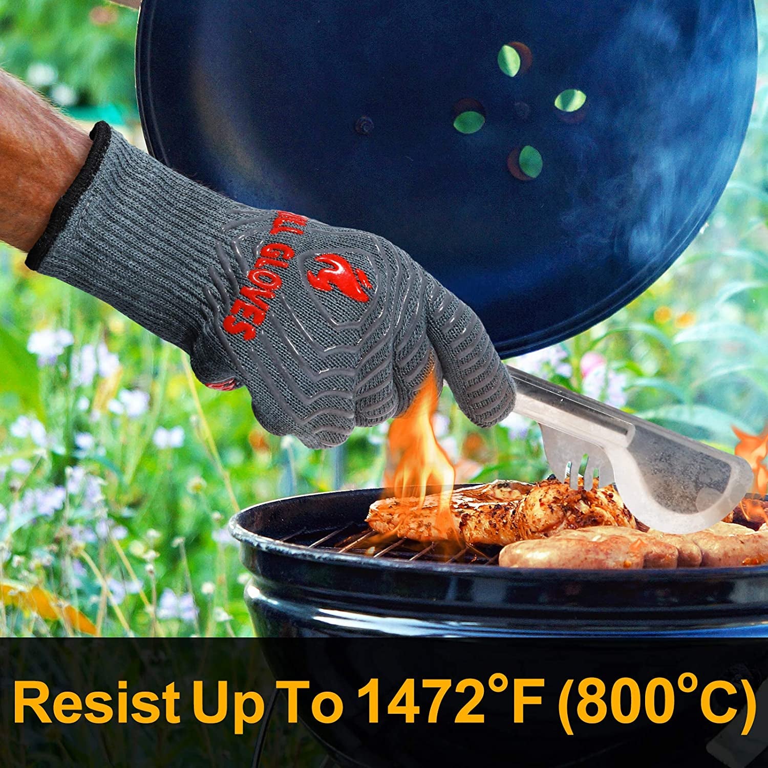 BBQ Gloves, Oven Gloves 1472℉ Extreme Heat Resistant, Grilling Gloves Silicone Non-Slip Oven Mitts, Kitchen Gloves for BBQ, Grilling, Cooking, Baking-1 Pair… (One Size Fits Most, Grey)