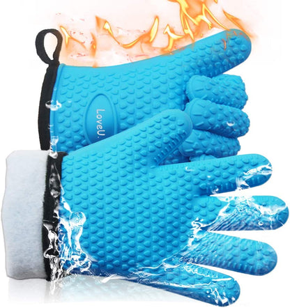 Kitchen Oven Gloves - Silicone and Cotton Double-Layer Heat Resistant Oven Mitts/Bbq Gloves/Grill Gloves - Perfect for Baking and Grilling - 1 Pair (Small, Blue)