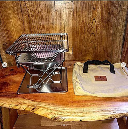 CAMPINGMOON Tabletop Charcoal Grill Small Size Wood Burning Grill and Fire Pit 9.65-Inch Portable Stainless Steel with Carrying Bag X-MINI-PRO