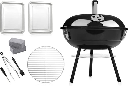 14Inches Portable Outdoor Charcoal Grill Set of 9, Leonyo Small BBQ Charcoal Grill, Tabletop Mini Grill for Camping, Barbecue Grill Cooking Kit with Extra Grill Grate, Cleaning Bricks, Grill Trays