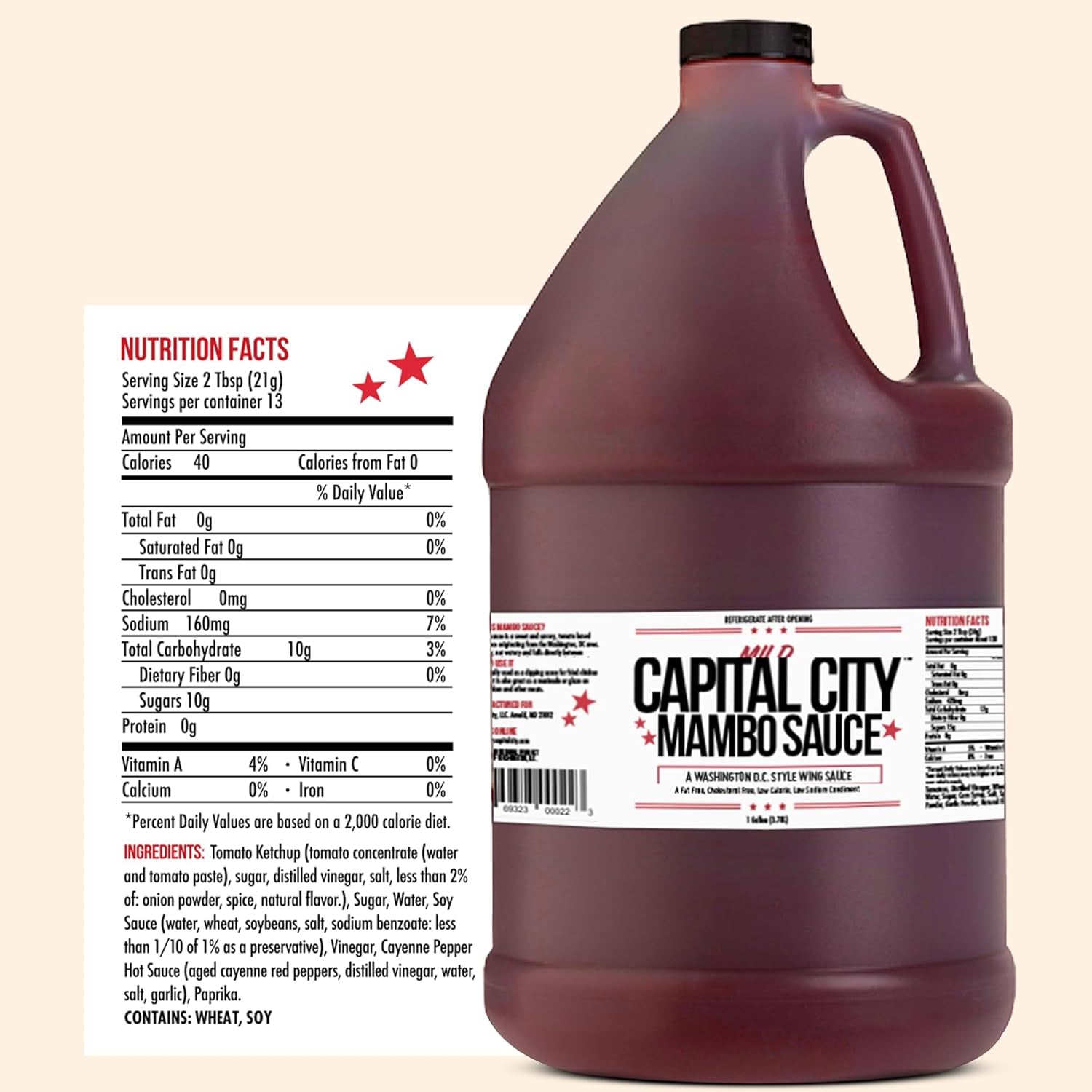 Capital City Mambo Sauce - Mild Recipe | Washington DC Wing Sauces | Perfect Condiment Topping for Wings, Chicken, Pork, Beef, Seafood, Burgers, Rice or Noodles | 128 Fl Oz (1 Gallon)