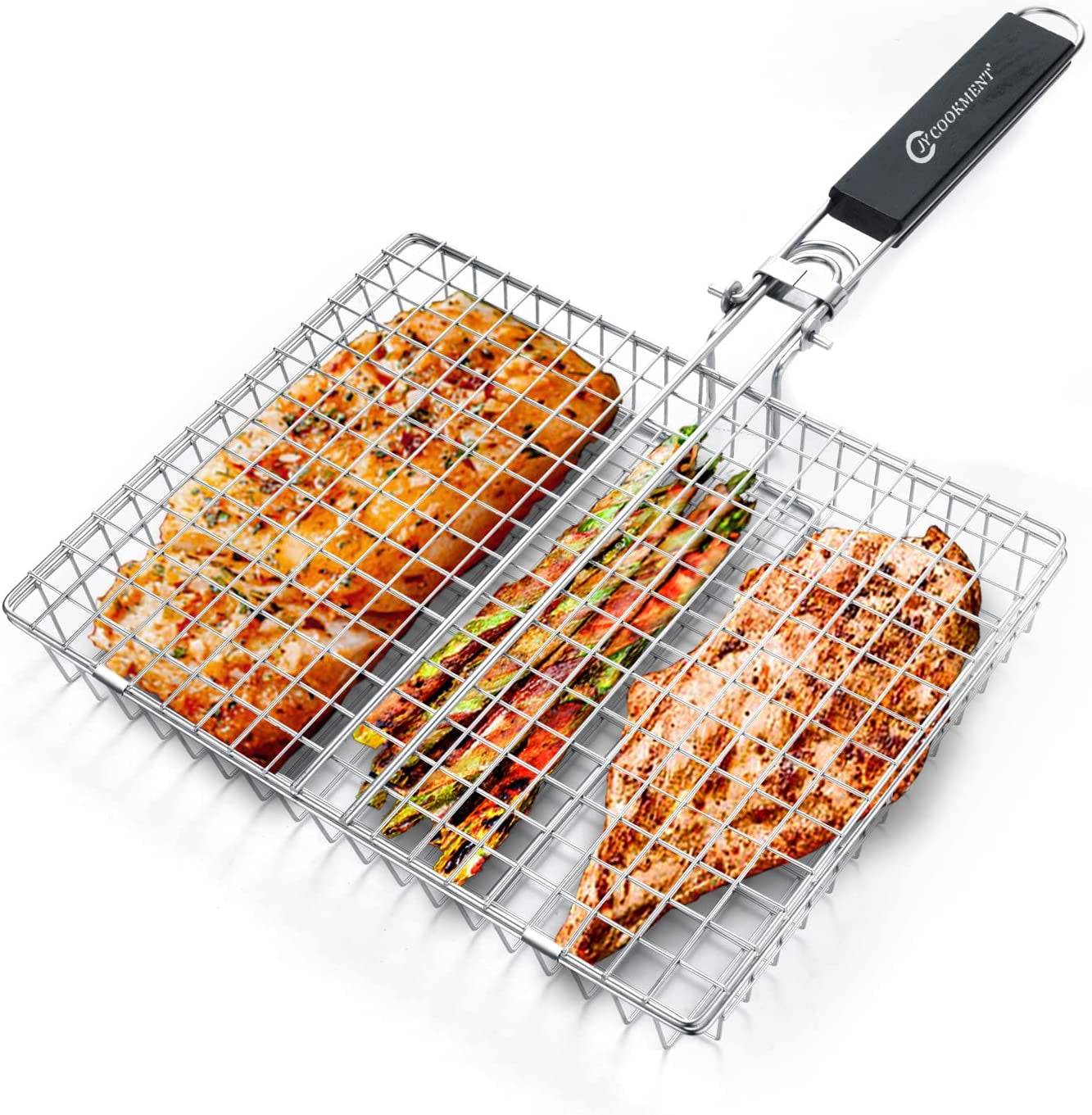 JY COOKMENT Grill Basket Stainless Steel with Portable Removable Handle, Grilling Basket-Bbq Accessories for Vegetable, Shrimp, Fish, Steak and Outdoor Use-Dishwasher Safe
