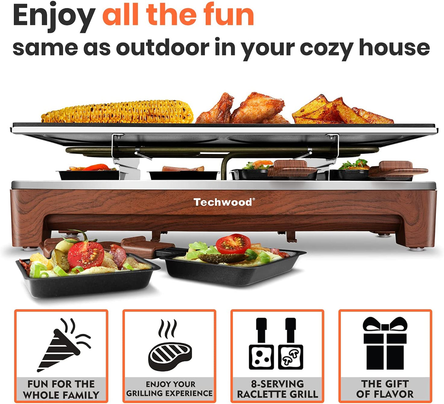Raclette Grill,  Electric Table Indoor Grill Korean BBQ Grill, Removable 2-In-1 Non-Stick Grill Plate, 1500W Fast Heating with 8 Cheese Melt Pans, Ideal for Parties and Family Fun (Wood Grain)