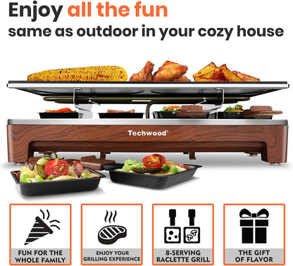 Raclette Grill,  Electric Table Indoor Grill Korean BBQ Grill, Removable 2-In-1 Non-Stick Grill Plate, 1500W Fast Heating with 8 Cheese Melt Pans, Ideal for Parties and Family Fun (Wood Grain)