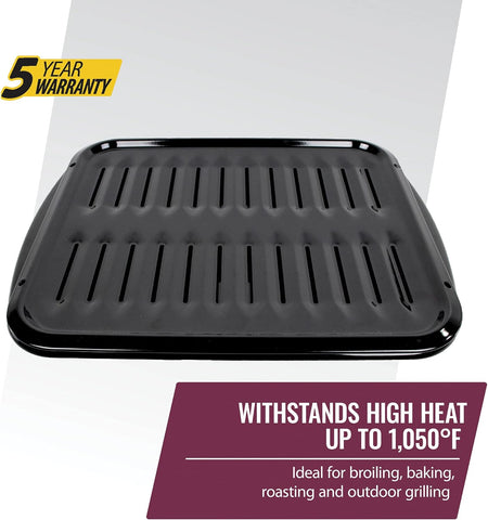 Image of SPL50016 Large 2-Piece Broiler Pan & Grill Set Porcelain-On-Steel 16-1/2"X12-3/4"X1-3/4" Broiler Pan for Oven, Black