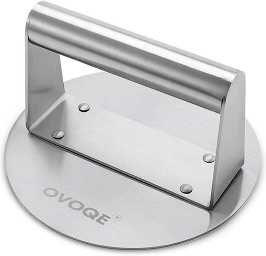 OVOQE 6.2 Inch Heavy Duty Stainless Steel Smash Burger Press, round Stainless Steel Professional Burger Smasher/Hamburger Patty Maker, Griddle Accessories Kit for Flat Top Grill, Rust-Free Easy Clean.