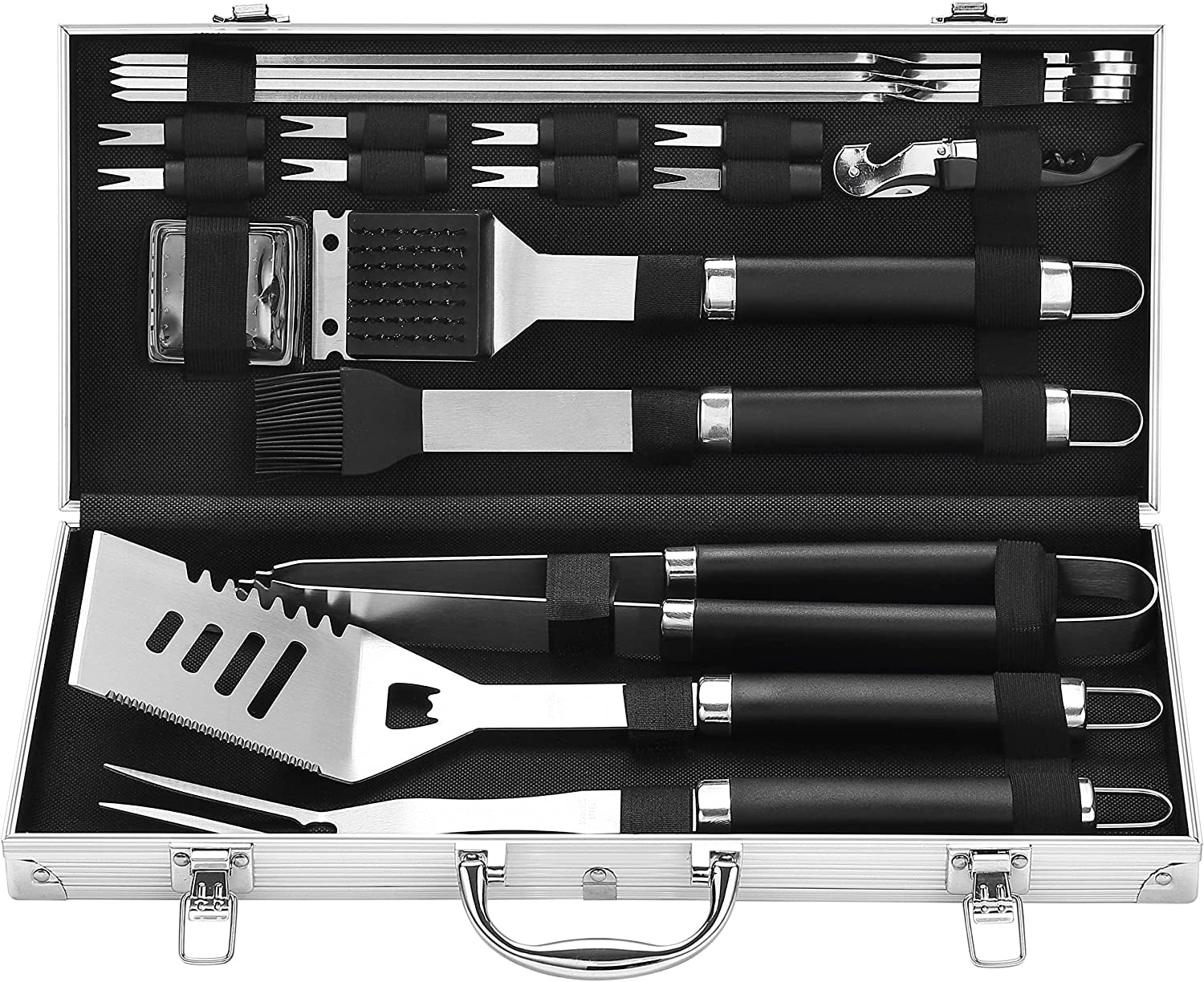 20PCS BBQ Grill Tools Set - Extra Thick Stainless Steel Fork, Spatula, Tongs& Cleaning Brush - Complete Barbecue Grilling Utensils Set in Aluminum Storage Case - Perfect Grill Gifts for Men