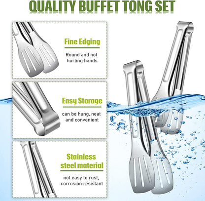 6 Pieces Buffet Tongs Set Stainless Steel Food Serving Tongs 3 Styles Rust-Resistant Locking Grill Food Tongs for Cooking, Grilling, Salad, Barbecue, Buffet, Kitchen (7 Inch, 9 Inch)