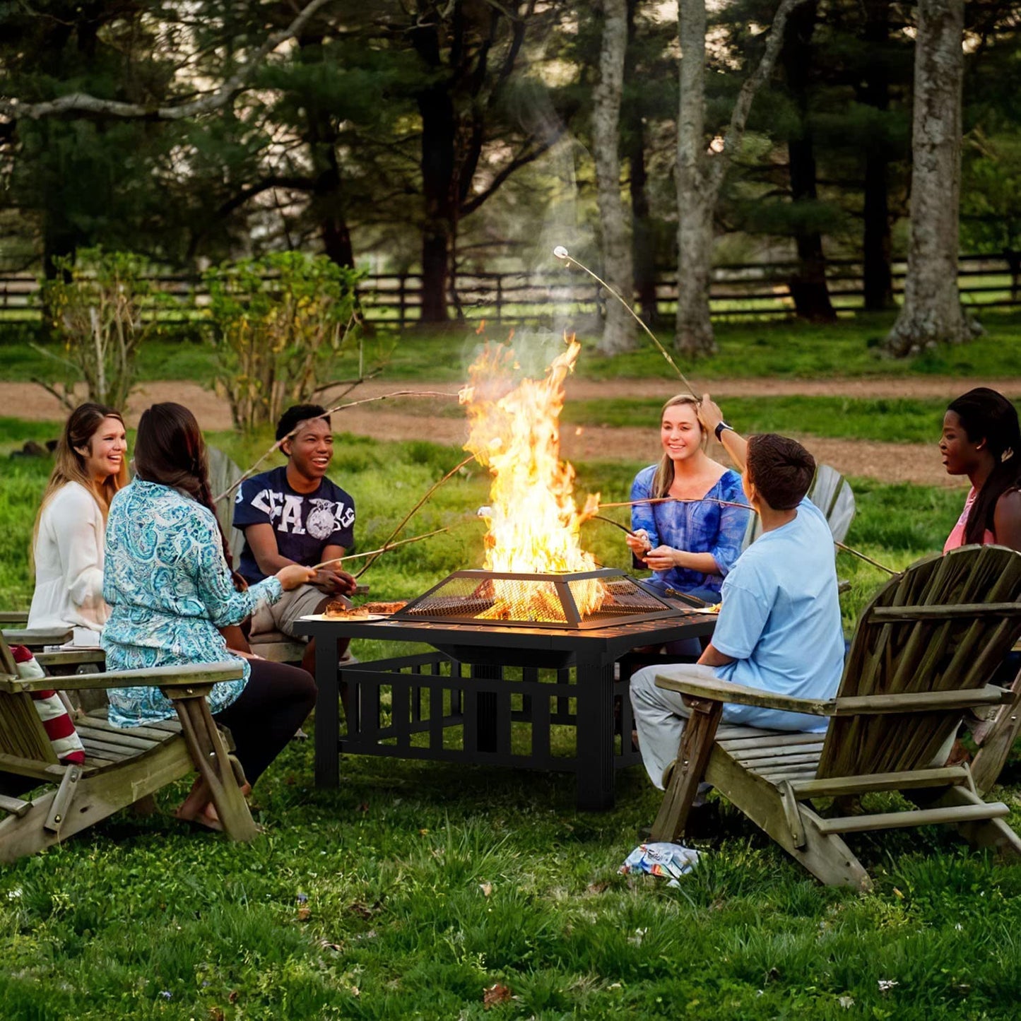 Greesum Multifunctional Patio Fire Pit Table, 32In Square Metal BBQ Firepit Stove Backyard Garden Fireplace with Spark Screen Lid and Rain Cover for Camping, Outdoor Heating, Bonfire and Picnic, Black