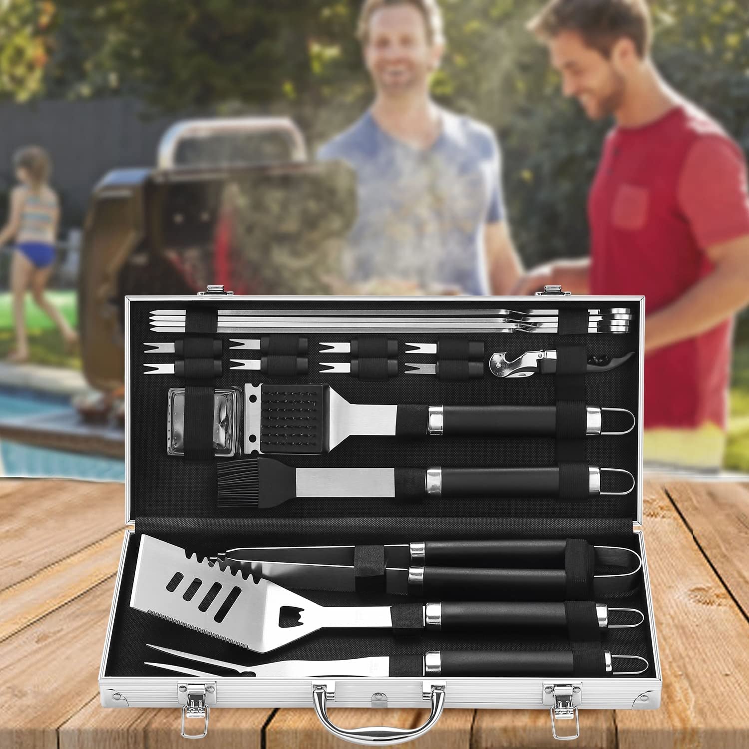 20PCS BBQ Grill Tools Set - Extra Thick Stainless Steel Fork, Spatula, Tongs& Cleaning Brush - Complete Barbecue Grilling Utensils Set in Aluminum Storage Case - Perfect Grill Gifts for Men