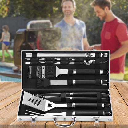 20PCS BBQ Grill Tools Set - Extra Thick Stainless Steel Fork, Spatula, Tongs& Cleaning Brush - Complete Barbecue Grilling Utensils Set in Aluminum Storage Case - Perfect Grill Gifts for Men
