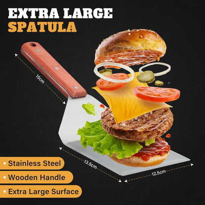 PURPLEBIRD Extra Large Grill Spatula Set Stainless Steel Smash Burger Spatula Kit, 5.5 X 5 Inch BBQ Griddle Spatula and Grill Scraper, Griddle Tools, Grill Utensils for Camping
