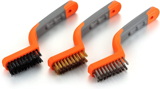 Wire Brush 3 Pcs Brass/Stainless Steel/Nylon Wire Brushes for Cleaning Rust Bristle Brush Set with Rubber Curved Handle Grip Used for Dirt, Paint Remover (Orange+ Gray)