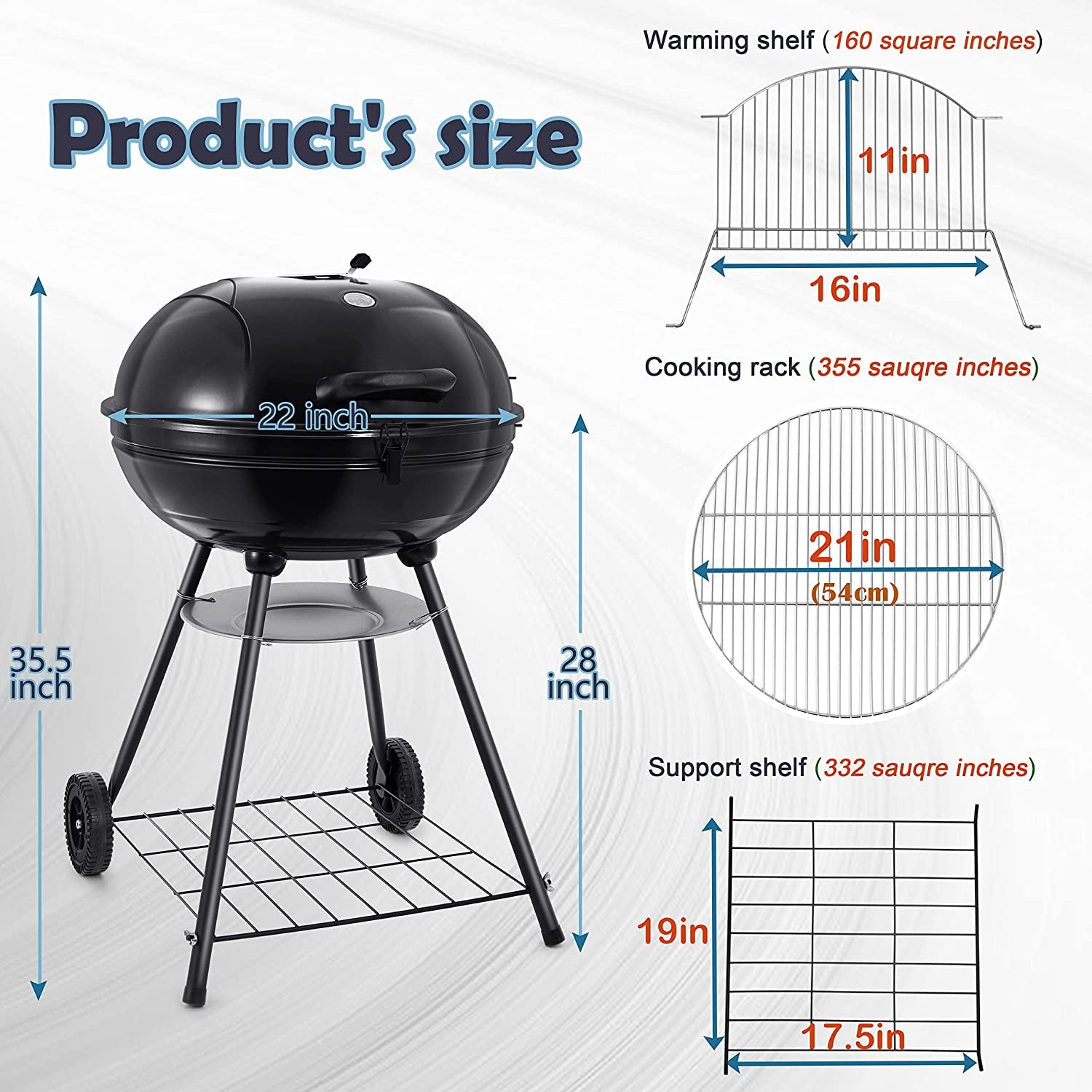 22-Inch Charcoal Kettle Grill Set of 12, Hasteel 2 Layer Grilling Racks Outdoor BBQ Grill, Heavy Duty Large Enameled Grills with Grilling Accessories for Camping Backyard Picnic, Barbecue Spatula