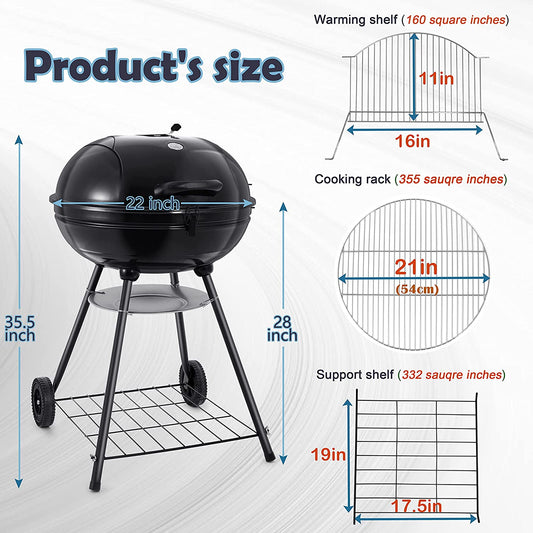 22-Inch Charcoal Kettle Grill Set of 12, Hasteel 2 Layer Grilling Racks Outdoor BBQ Grill, Heavy Duty Large Enameled Grills with Grilling Accessories for Camping Backyard Picnic, Barbecue Spatula