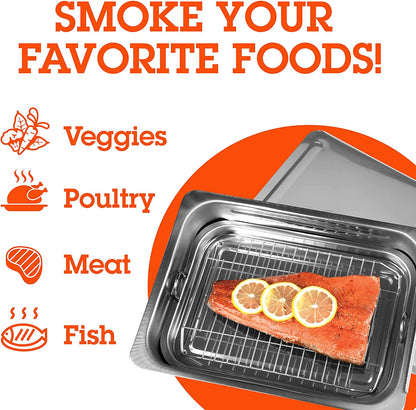 Large Stovetop Smoker - Stainless Steel BBQ Smoker Box W/Hickory & Oak Wood Chips & Recipe Guide - Indoor Outdoor Use - Great for Smoking Thanksgiving Dinner - Barbecue Grilling Gift for Men