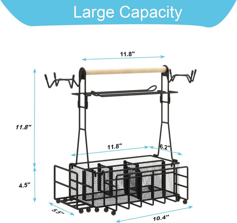 Image of Outdoor Grill Caddy, BBQ Caddy with Paper Towel Holder and Mesh Basket, Portable Condiment Caddy with Plate Holder and Tool Hook, Barbecue Accessories Storage Organizer