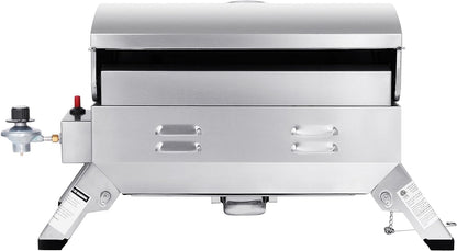 GT1001 Stainless Steel Portable Grill, 10000 BTU BBQ Tabletop Gas Grill with Folding Legs and Lockable Lid, Outdoor Camping, Deck and Tailgating, Silver