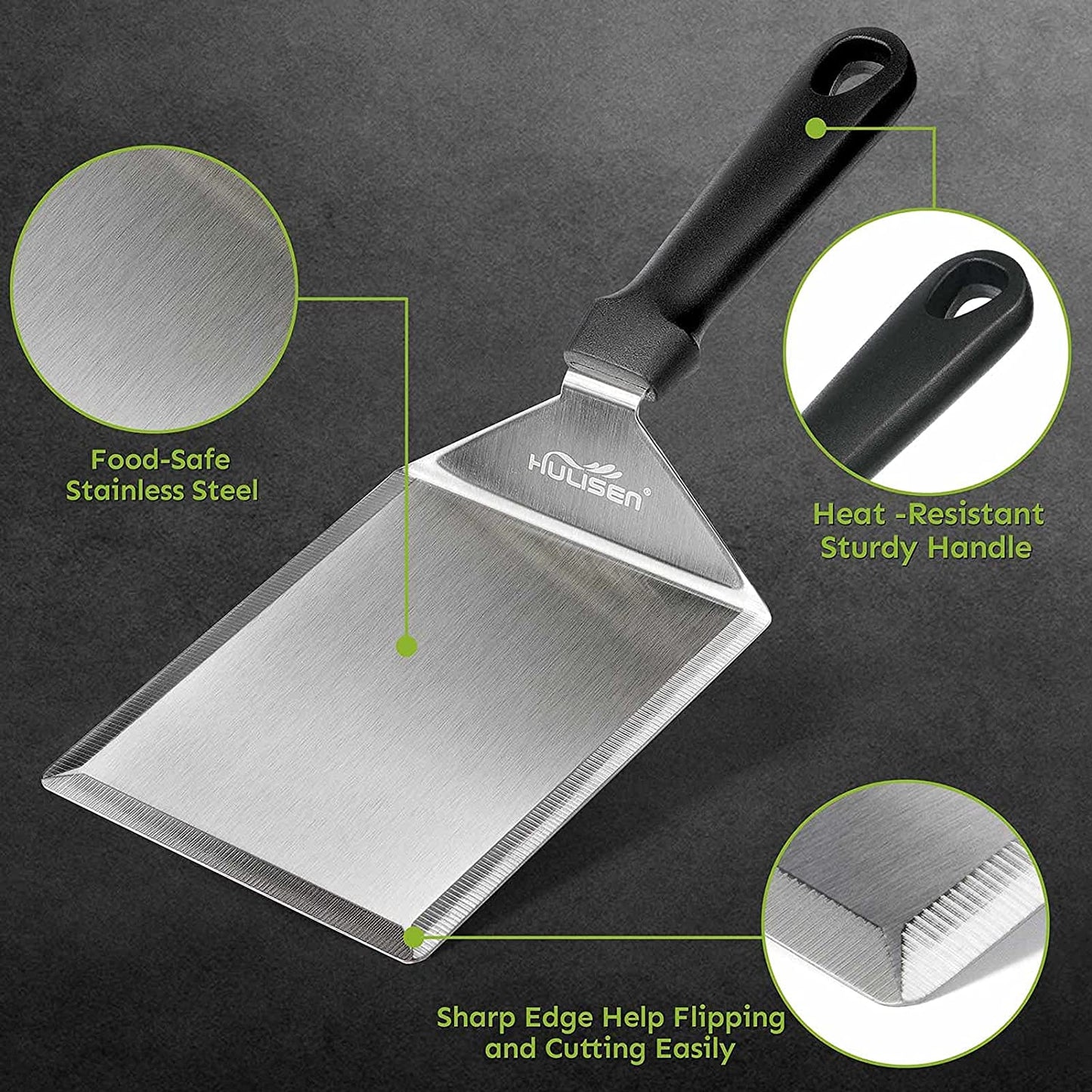 HULISEN Stainless Steel Large Grill Spatula - 6 X 5 Inch Heavy-Duty Metal Spatula with Cutting Edges, Kitchen Griddle Accessories, Smashed Burger Turner Scraper for BBQ Grill and Flat Top Griddle