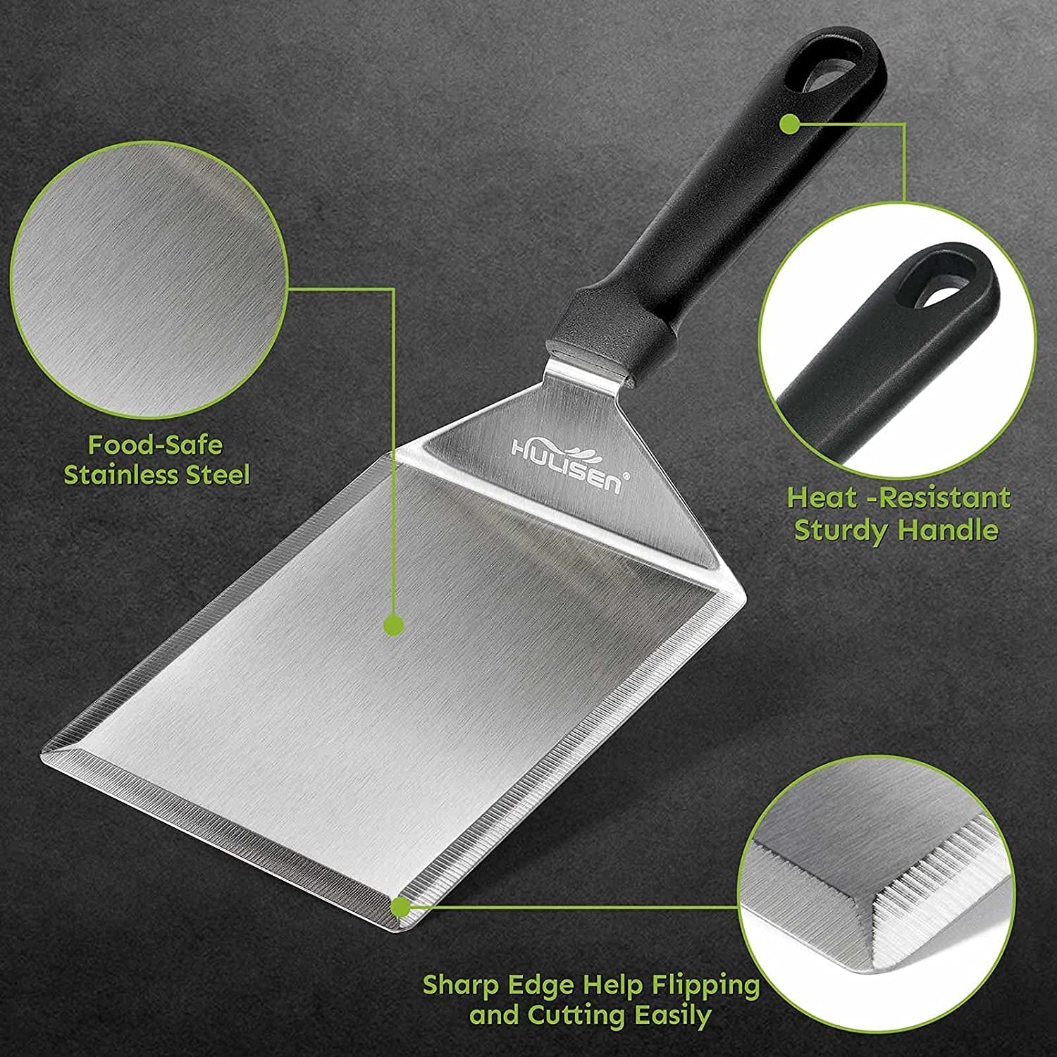 HULISEN Stainless Steel Large Grill Spatula - 6 X 5 Inch Heavy-Duty Metal Spatula with Cutting Edges, Kitchen Griddle Accessories, Smashed Burger Turner Scraper for BBQ Grill and Flat Top Griddle